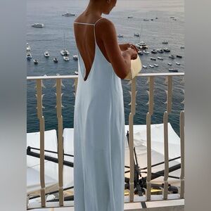 Commense backless vacation satin long dress in light blue size xs